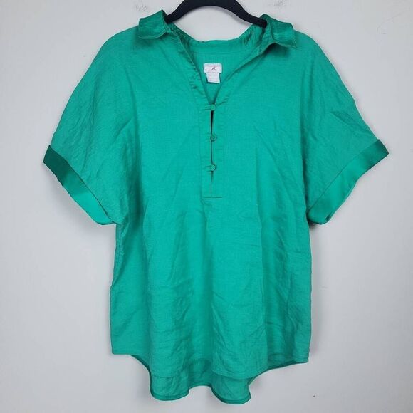 Chicos Womens Linen Popover Top Size Large Green Short Sleeve Satin Trim Beachy - Picture 1 of 7